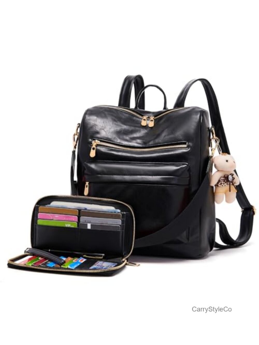 Vegan Leather Backpack Purse Shoulder Handbag Travel Bag Set 2pcs